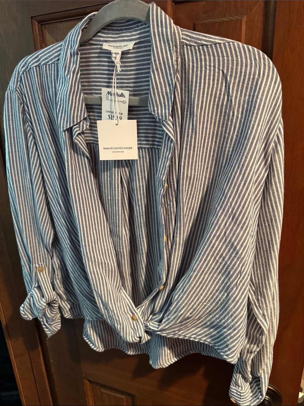 beachlunchlounge Blue & White Striped Button-Front Tie Hem Shirt